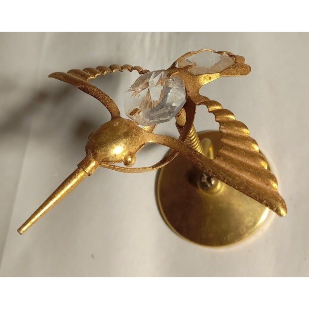 Brass Gold Toned Hummingbird Mid-century Crystal Creation Tail 3"